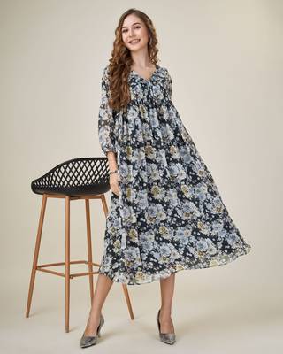  black georgette floral printed empire dress with ruffles 1