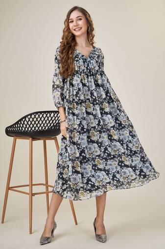  black georgette floral printed empire dress with ruffles