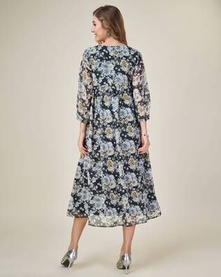  black georgette floral printed empire dress with ruffles 4
