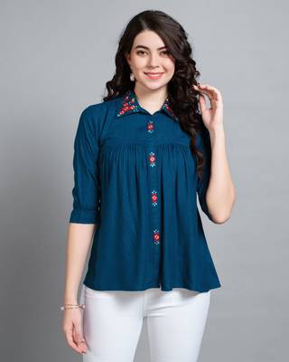  teal pure viscose rayon floral embroidered shirt style top 1