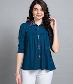  teal pure viscose rayon floral embroidered shirt style top