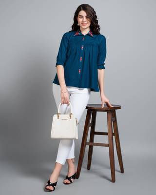  teal pure viscose rayon floral embroidered shirt style top 2
