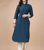 Mojilaa women's teal chinon silk solid calf length straight pathani kurta
