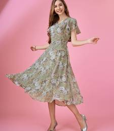 olive green georgette floral printed empire dress with ruffles