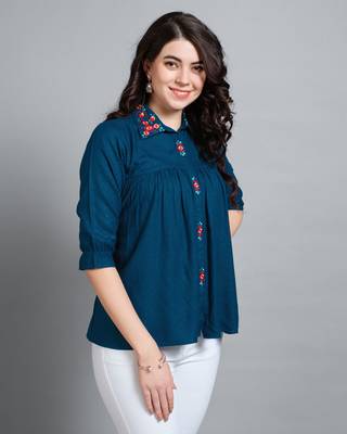  teal pure viscose rayon floral embroidered shirt style top 3