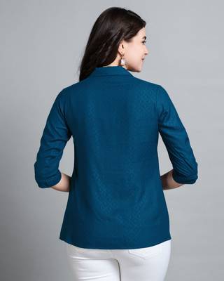  teal pure viscose rayon floral embroidered shirt style top 4