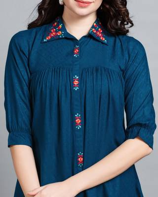  teal pure viscose rayon floral embroidered shirt style top 5
