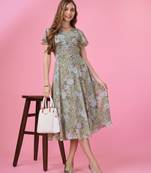  olive green georgette floral printed empire dress with ruffles