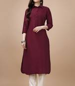  maroon chinon silk solid calf length straight pathani kurta