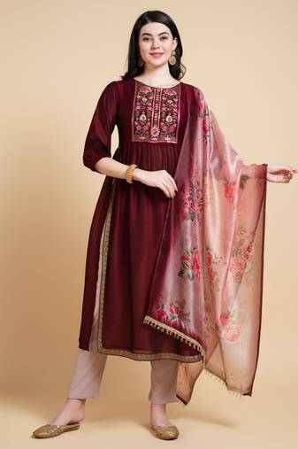  maroon vichitra silk nyra-cut beaded embroidered kurta with pant & dupatta