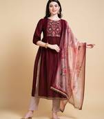  maroon vichitra silk nyra-cut beaded embroidered kurta with pant & dupatta