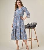  blue georgette floral printed tiered dress with ruffles