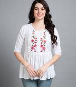  white pure viscose rayon floral embroidered peplum top
