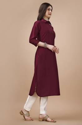 maroon chinon silk solid calf length straight pathani kurta 2
