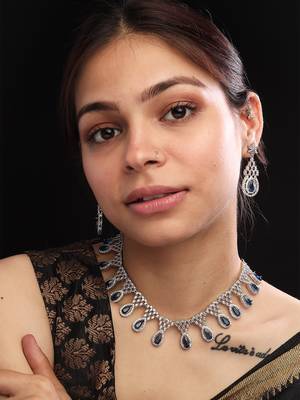 Silver plater blue american diamond water drop necklace set 1