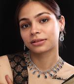 Silver plater blue american diamond water drop necklace set