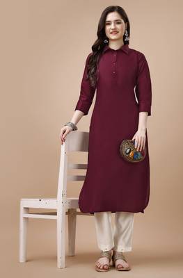  maroon chinon silk solid calf length straight pathani kurta 3