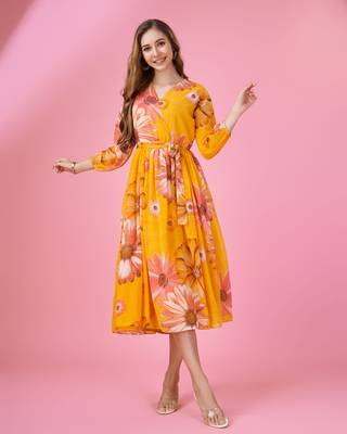  mustard georgette floral printed wrap dress with belt 2