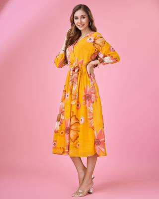  mustard georgette floral printed wrap dress with belt 3