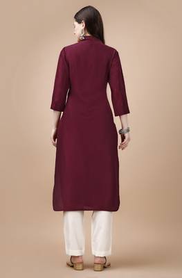  maroon chinon silk solid calf length straight pathani kurta 4