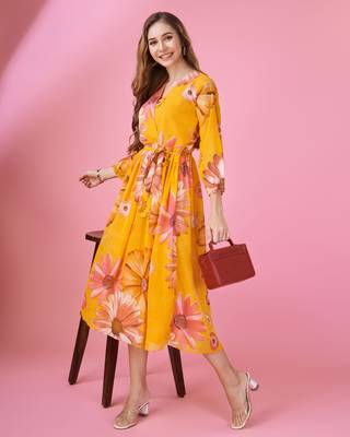  mustard georgette floral printed wrap dress with belt 1
