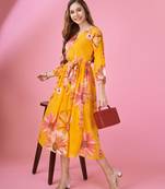  mustard georgette floral printed wrap dress with belt