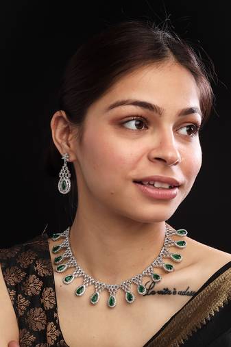 Silver plater green american diamond water drop necklace set