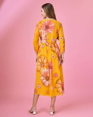  mustard georgette floral printed wrap dress with belt 4