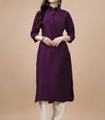  purple chinon silk solid calf length straight pathani kurta