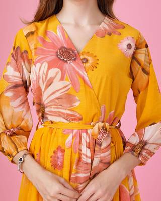  mustard georgette floral printed wrap dress with belt 5