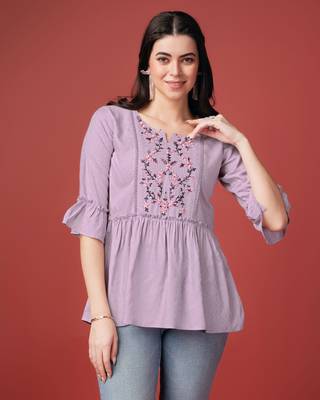  mauve pure viscose rayon floral embroidered peplum top 1