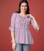  mauve pure viscose rayon floral embroidered peplum top