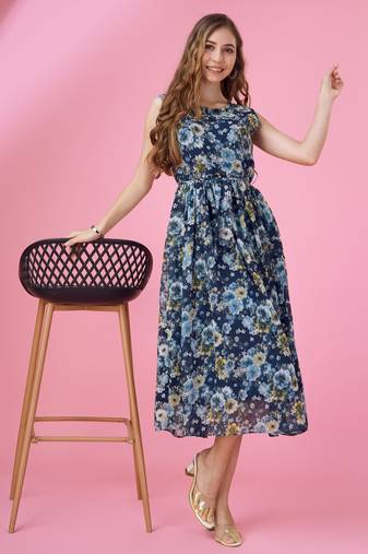  navy blue georgette floral printed flared dress with belt