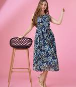  navy blue georgette floral printed flared dress with belt