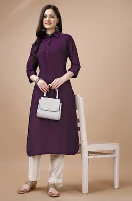  purple chinon silk solid calf length straight pathani kurta 3
