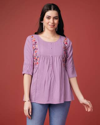  mauve pure viscose rayon floral embroidered a-line top 1