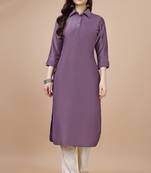  lavender chinon silk solid calf length straight pathani kurta