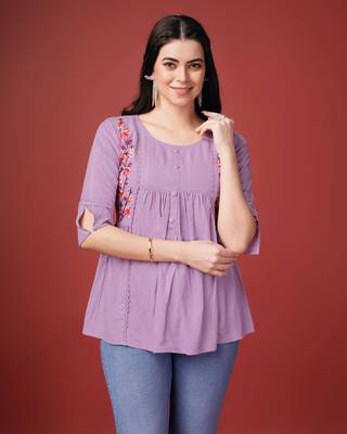  mauve pure viscose rayon floral embroidered a-line top 2