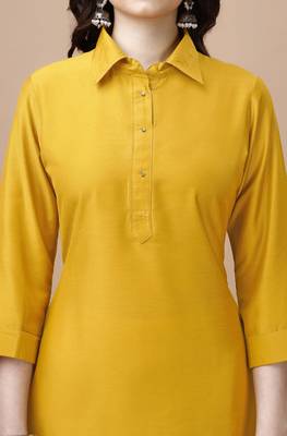  mustard chinon silk solid calf length straight pathani kurta 5