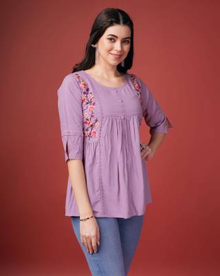  mauve pure viscose rayon floral embroidered a-line top 3