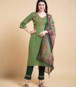  green rayon floral embroidered kantha work kurta with pant & dupatta