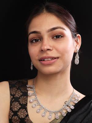 Silver plater pink american diamond water drop necklace set 1