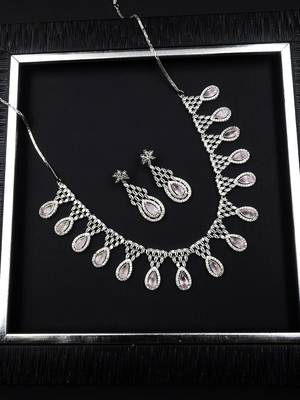 Silver plater pink american diamond water drop necklace set 2