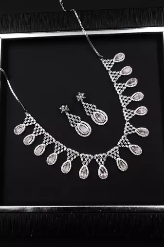 Silver plater pink american diamond water drop necklace set