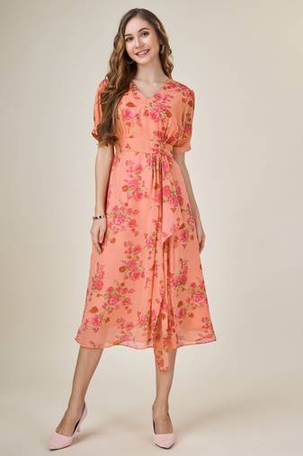  orange georgette draped floral printed flared dress