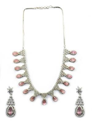 Silver plater pink american diamond water drop necklace set 3