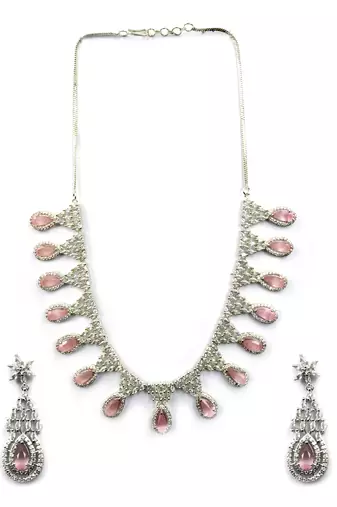 Silver plater pink american diamond water drop necklace set