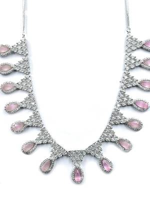 Silver plater pink american diamond water drop necklace set 4
