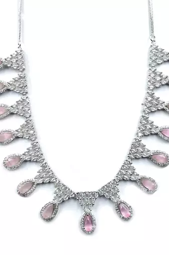 Silver plater pink american diamond water drop necklace set