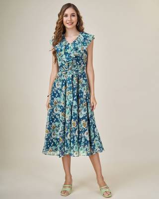  teal georgette floral printed flared dress with belt 2